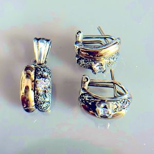 Brilho Silver & Gold Tone Rhinestone Earrings & Pendant Set